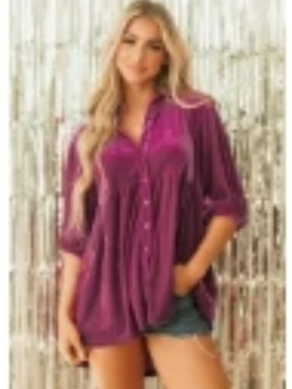 Magenta 3/4 Sleeve Tunic Babydoll Velvet Shirt